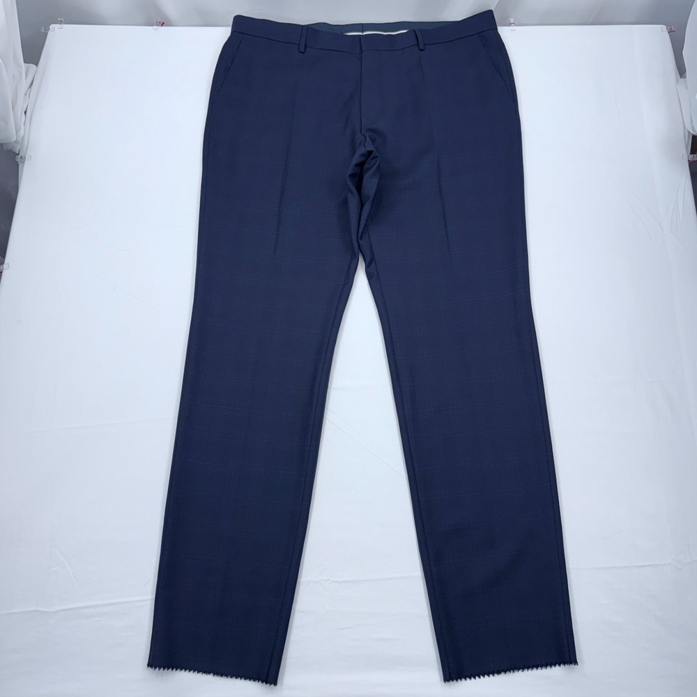 Hugo Boss Dress Pants NWOT Men 48R 40x35 Unhemmed Blue Check Virgin Wool Trouser
